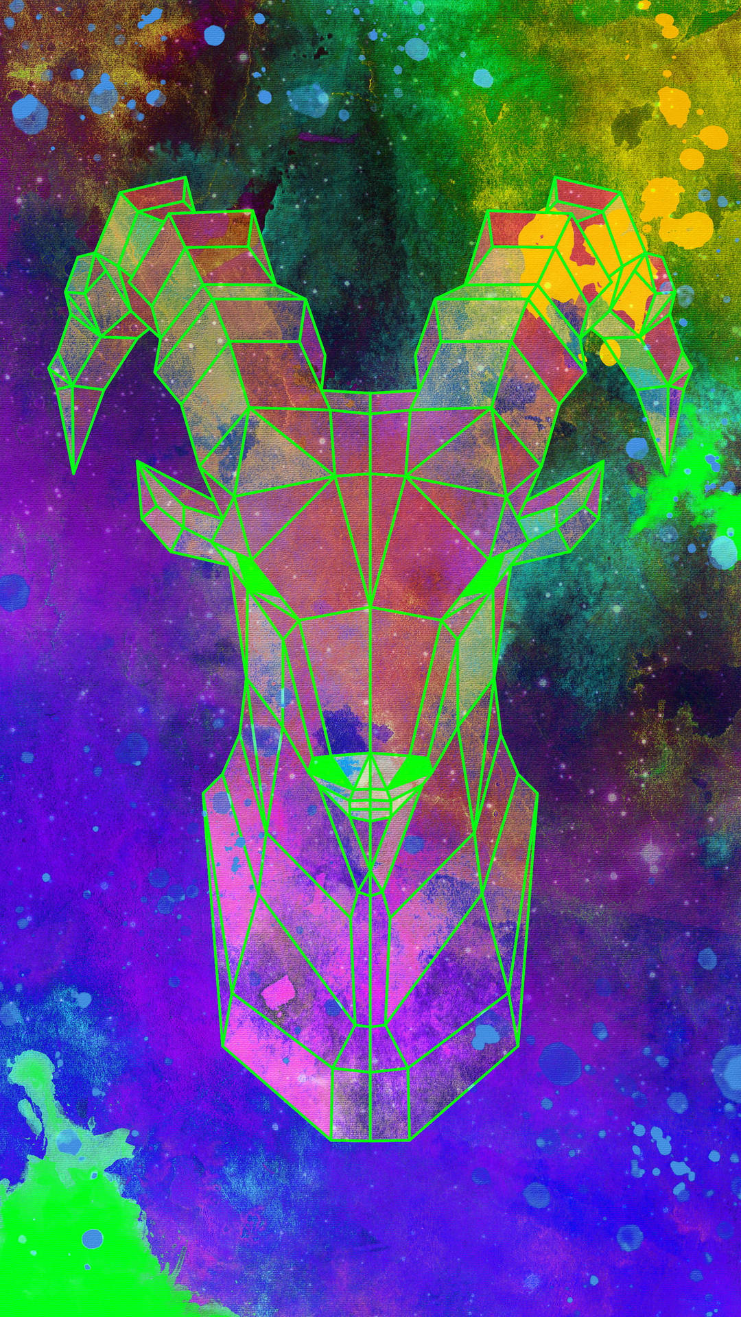 幾何公羊頭在色彩繽紛的宇宙背景下發出霓虹綠光。