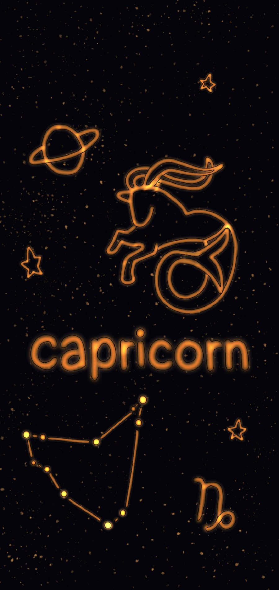 山羊座 桌布 壁紙 — 摩羯座星座和符號的金色霓虹輪廓在佈滿行星和星星的星空夜空中發光。