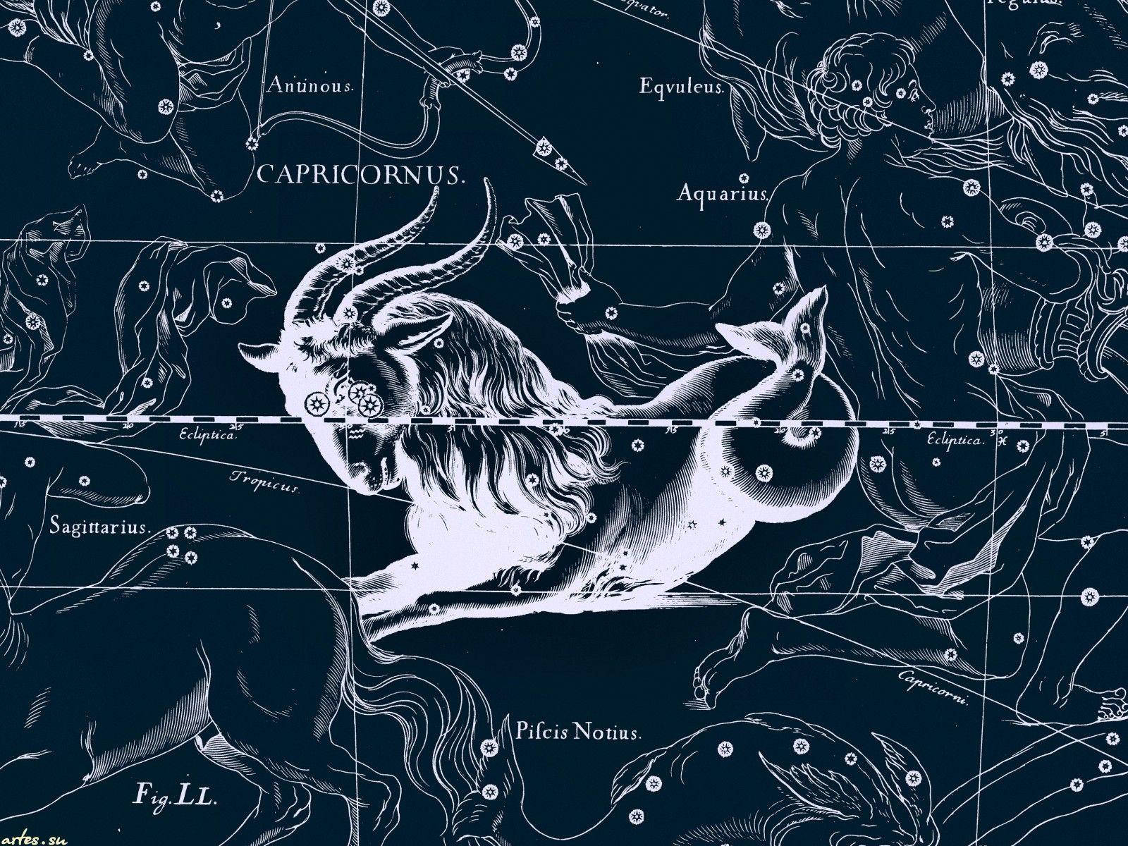 摩羯座星座地圖 壁紙 — 一幅古老星圖描繪摩羯座為山羊魚混合體，周圍環繞著神話人物和標註的星座。