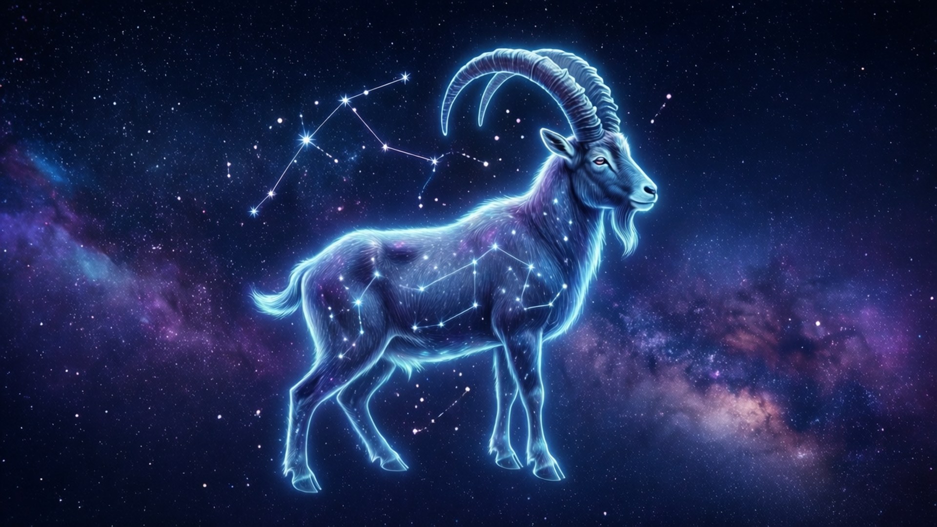 摩羯座星象 壁紙 — 一隻發光的藍色山羊，帶有星群輪廓，雄偉地站在充滿活力的宇宙星雲背景前。