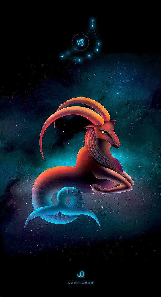 摩羯座星象山羊魚 壁紙 — 一隻雄偉的摩羯座星座生物，擁有山羊頭和魚尾，在星光燦爛的宇宙背景和星座輪廓中閃耀。