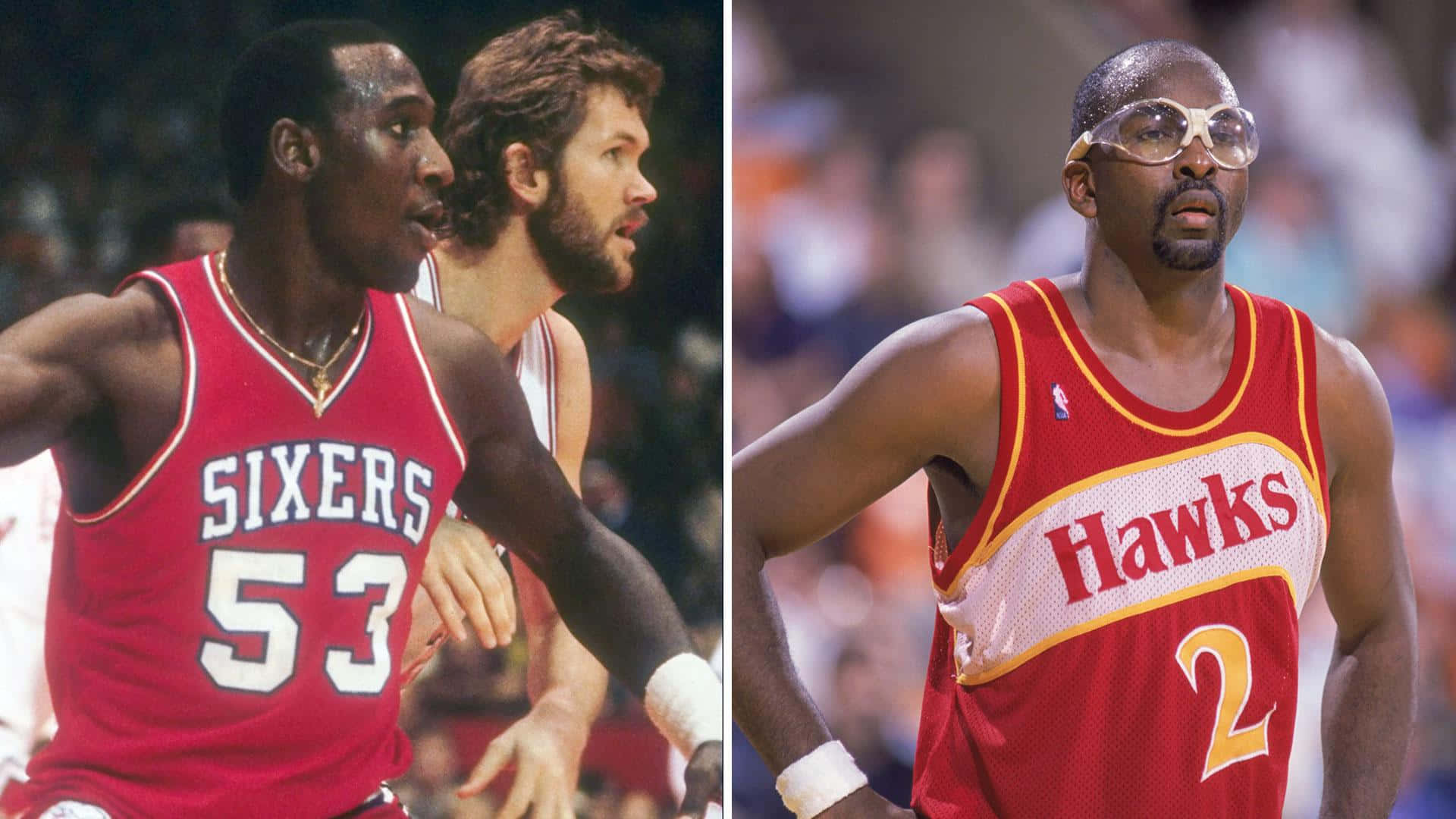 兩位身穿紅色球衣的NBA球員在比賽中高度專注。