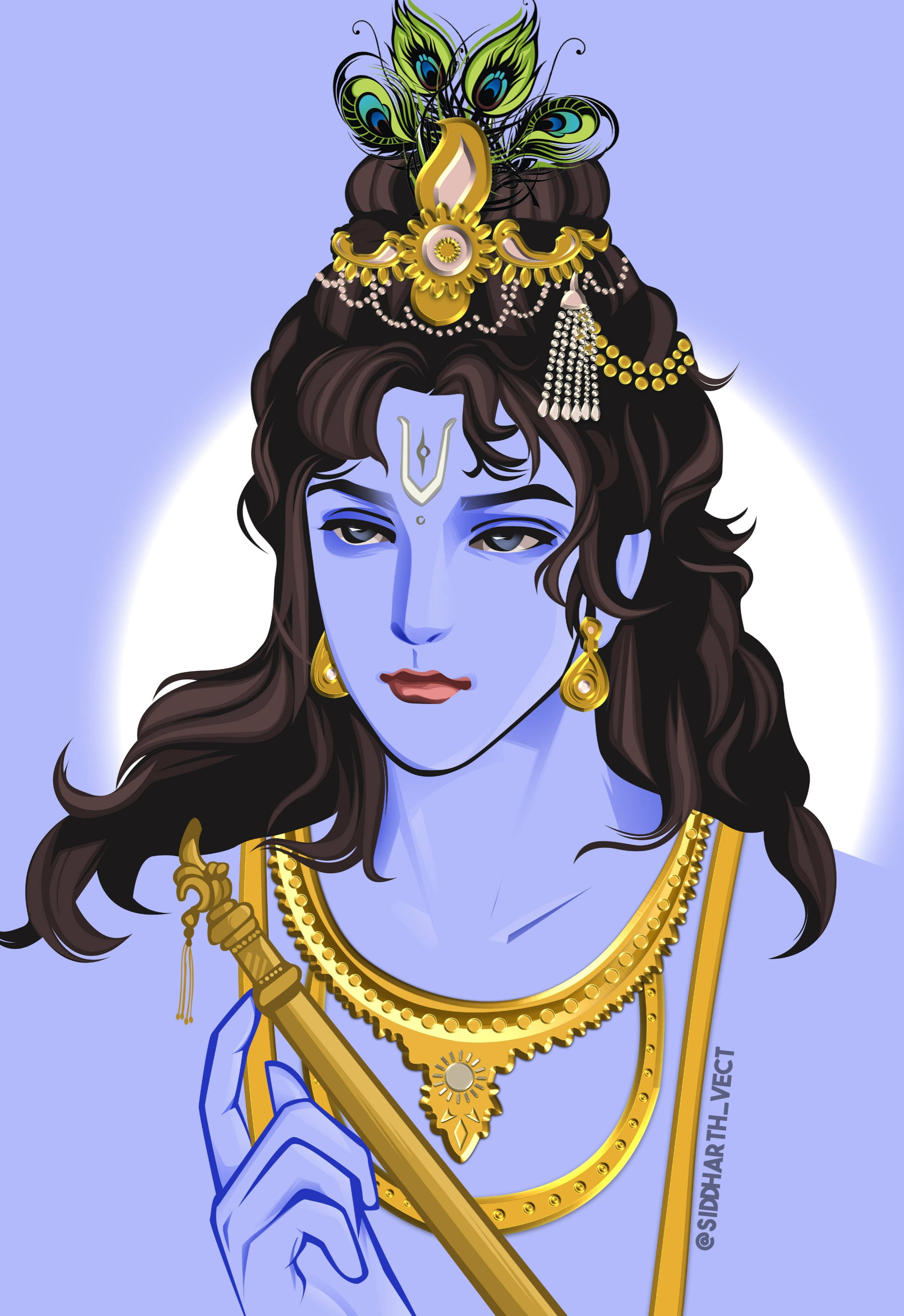 《摩訶婆羅多》克里希那 壁紙 — 一位寧靜的藍皮膚神祇，飾有孔雀羽毛和黃金首飾，在柔和發光的背景中手持權杖。