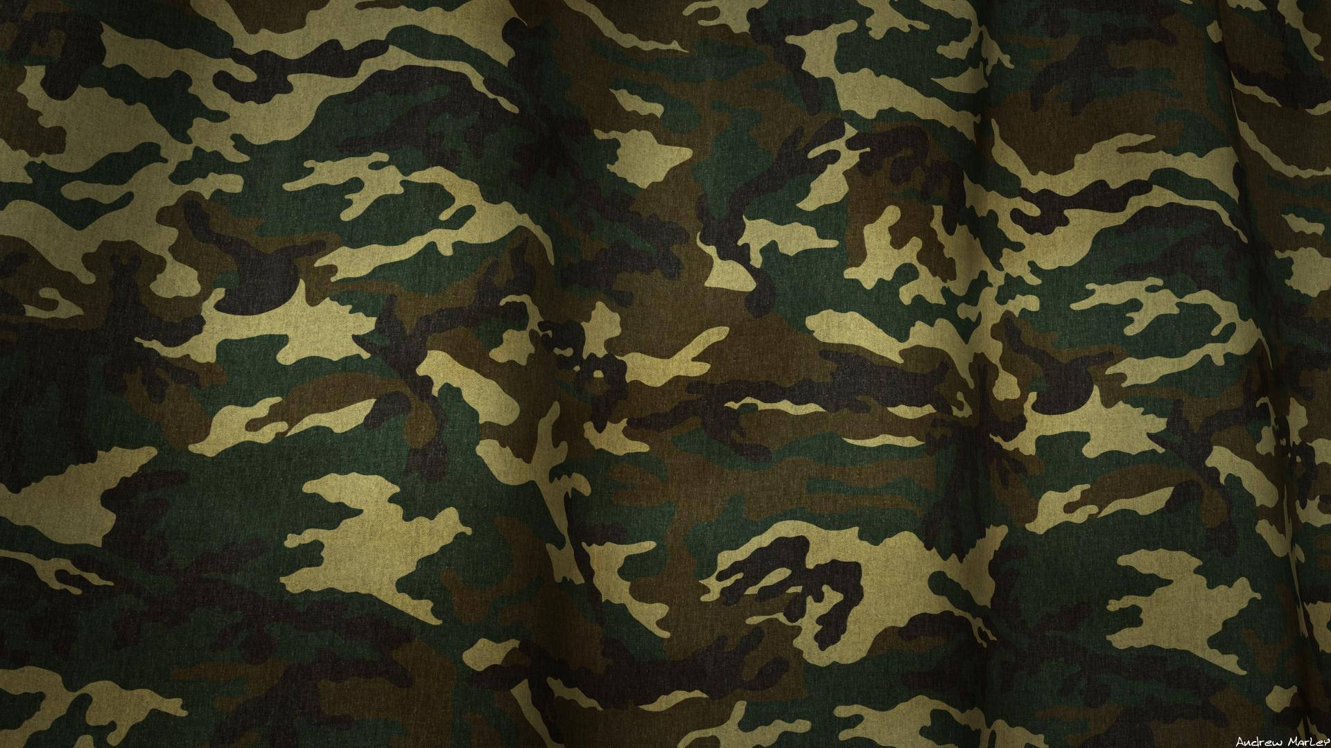 帶有綠色、棕色和棕褐色斑點的軍用迷彩布料特寫。
