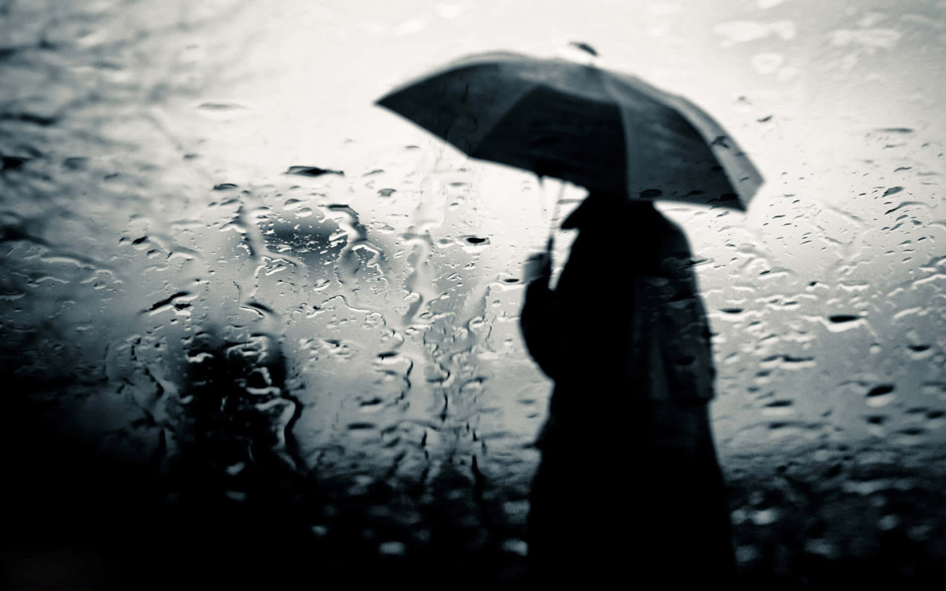 撐傘的冷靜憂傷男孩 壁紙 — 孤獨的身影撐著雨傘，緊靠著雨水淋漓的窗戶，水滴模糊了窗外陰鬱的世界。