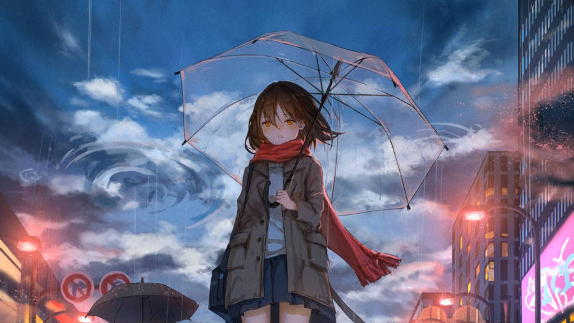 動漫女孩在雨夜暮色城市中拿著透明雨傘，有霓虹燈。