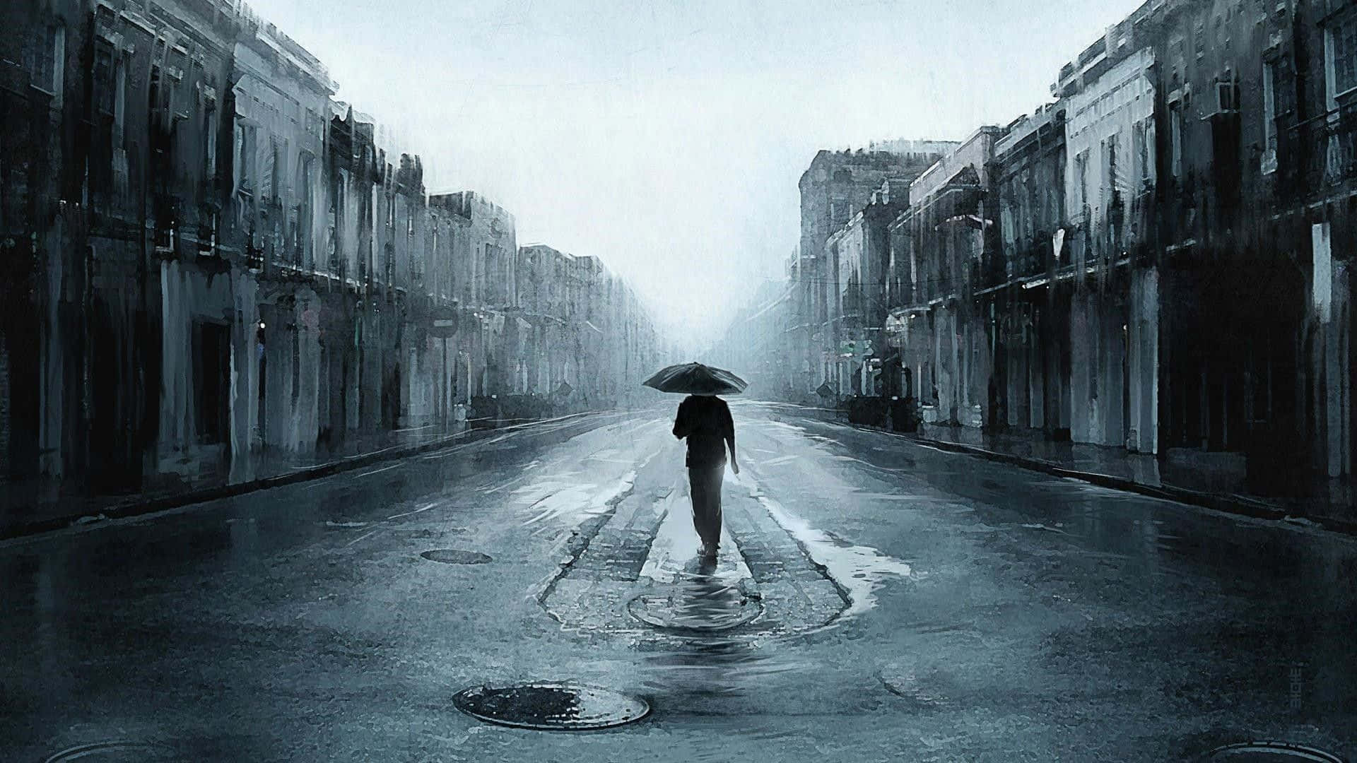 一個人撐著雨傘獨自走在雨中空無一人的城市街道上。