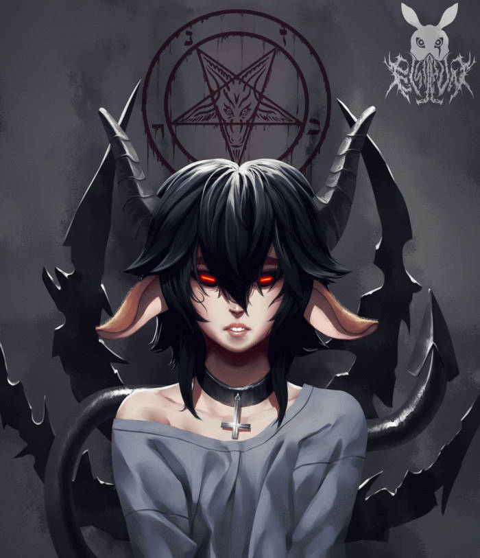 擁有惡魔角和紅眼的動漫女孩，戴著十字架項鍊。