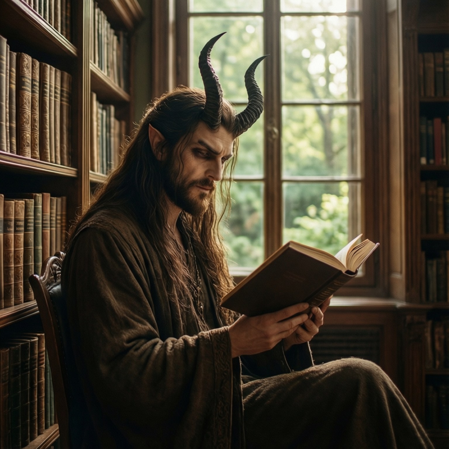 撒旦的書房寧靜 壁紙 — 一個長著角、長長黑髮的惡魔般的人物坐在陽光普照的圖書館裡，周圍是高高的書架，正在閱讀一本打開的書。