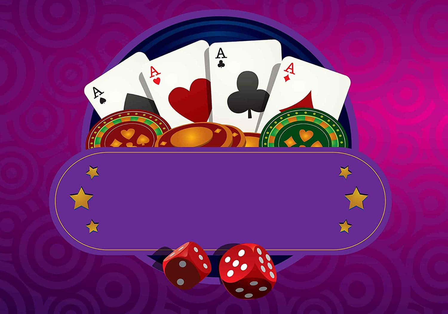 以Ace、籌碼同骰子為主題嘅賭博風格紫色橫幅，上面有星星。