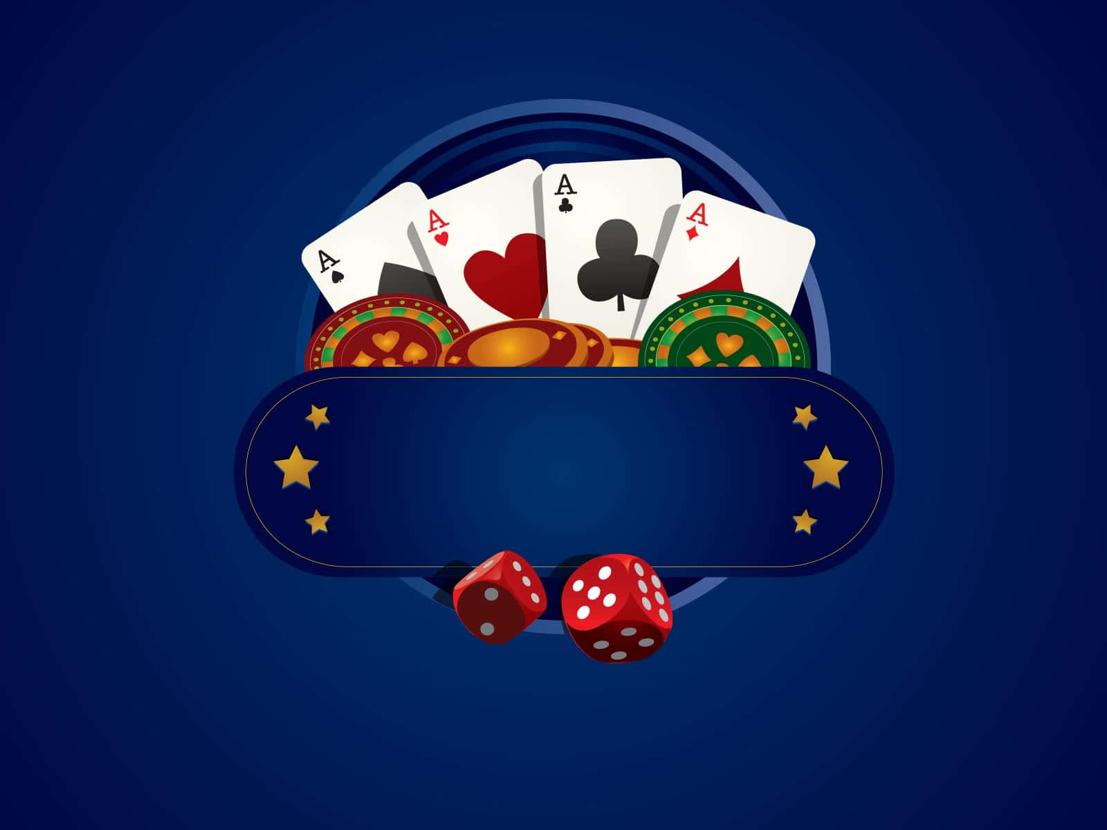 四張A撲克牌和賭場籌碼，藍色遊戲托盤上有紅色骰子。