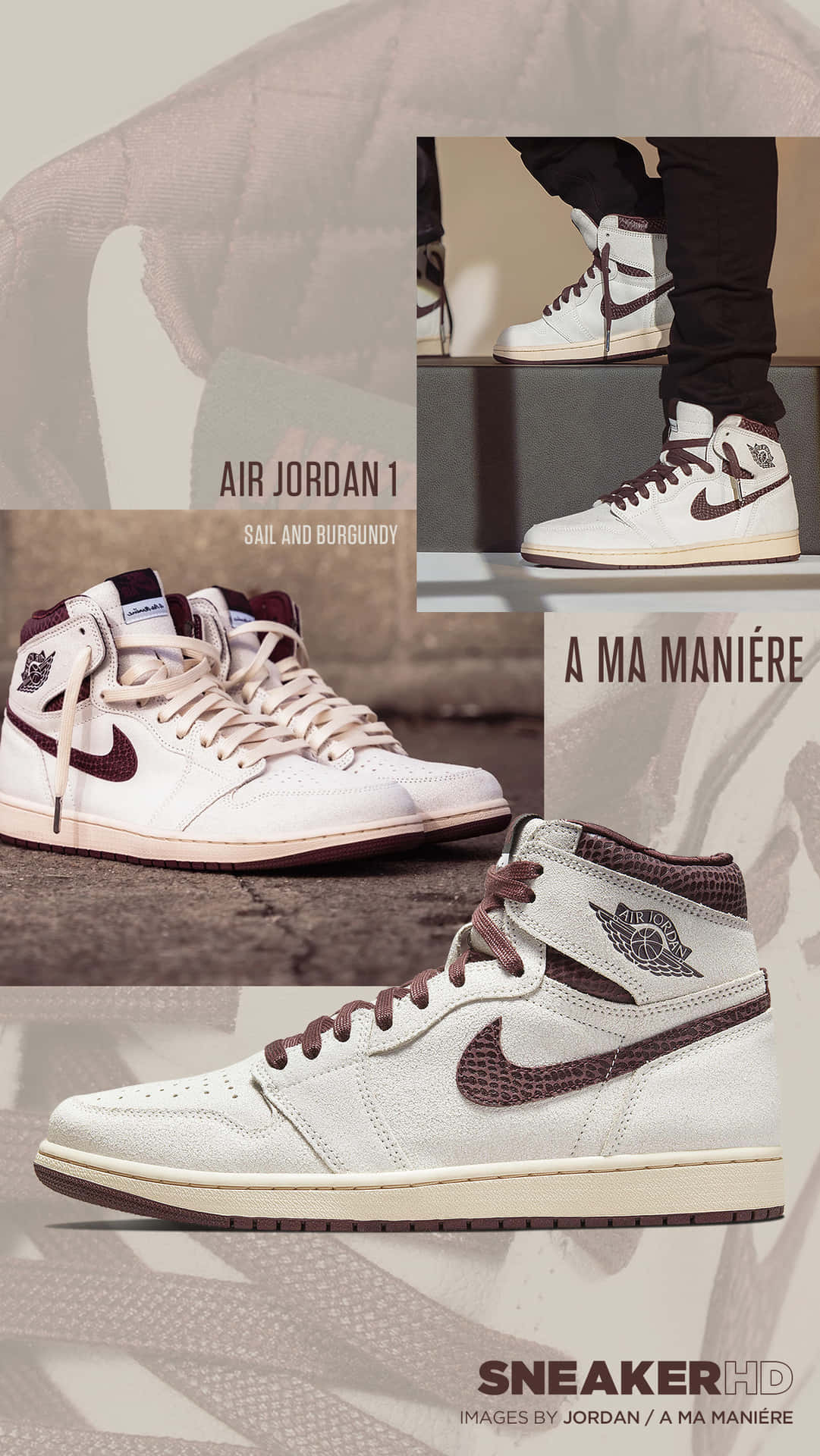 Sail 和酒紅色 Air Jordan 1 運動鞋的不同視角。