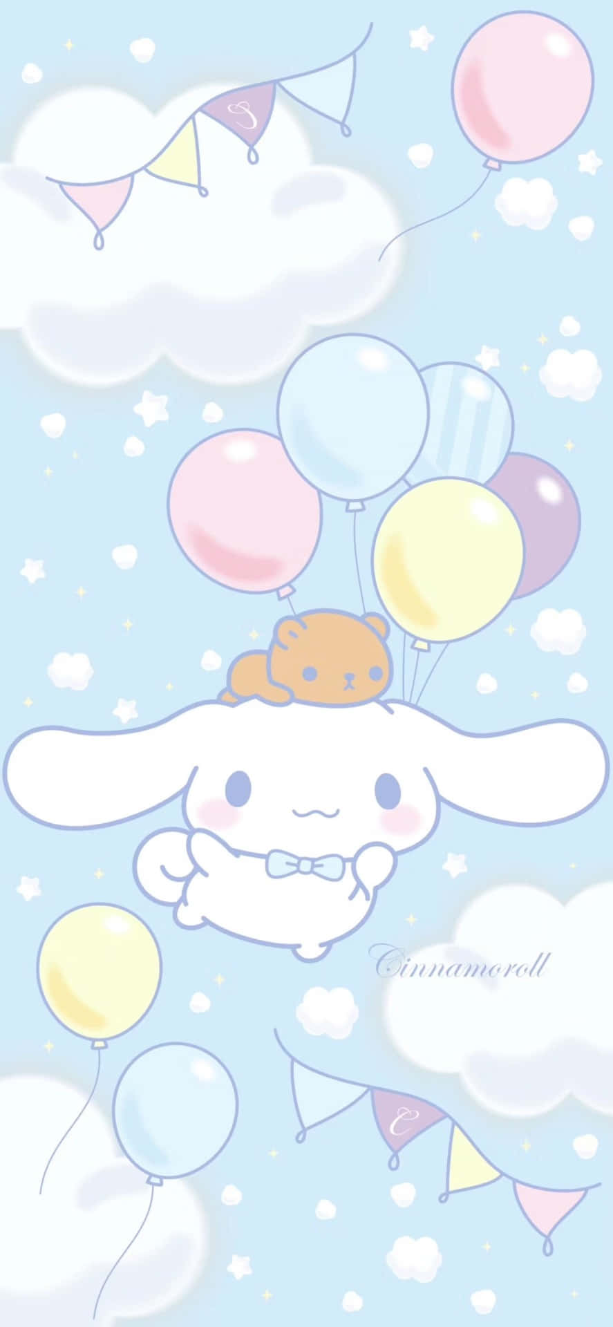 擁抱 Cinnamoroll 手機，成為最可愛的你！ 壁紙 — 一隻戴著蝴蝶結的可愛白色兔子在粉彩氣球和雲朵之間漂浮，下方是淺藍色天空和節日彩旗。