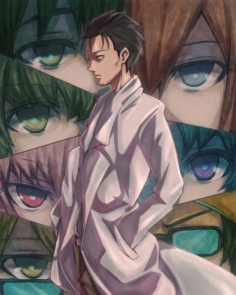 擁抱《Steins;Gate》的無限可能 壁紙 — 一個穿著白色外套的年輕動漫男子，站在一幅由強烈、色彩繽紛的眼睛組成的拼貼畫前，構圖充滿戲劇性。