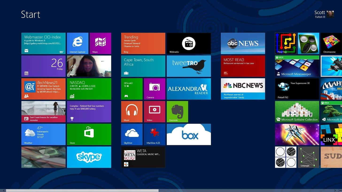 Windows 8 開始畫面，顯示應用程式、新聞和天氣的動態磚。