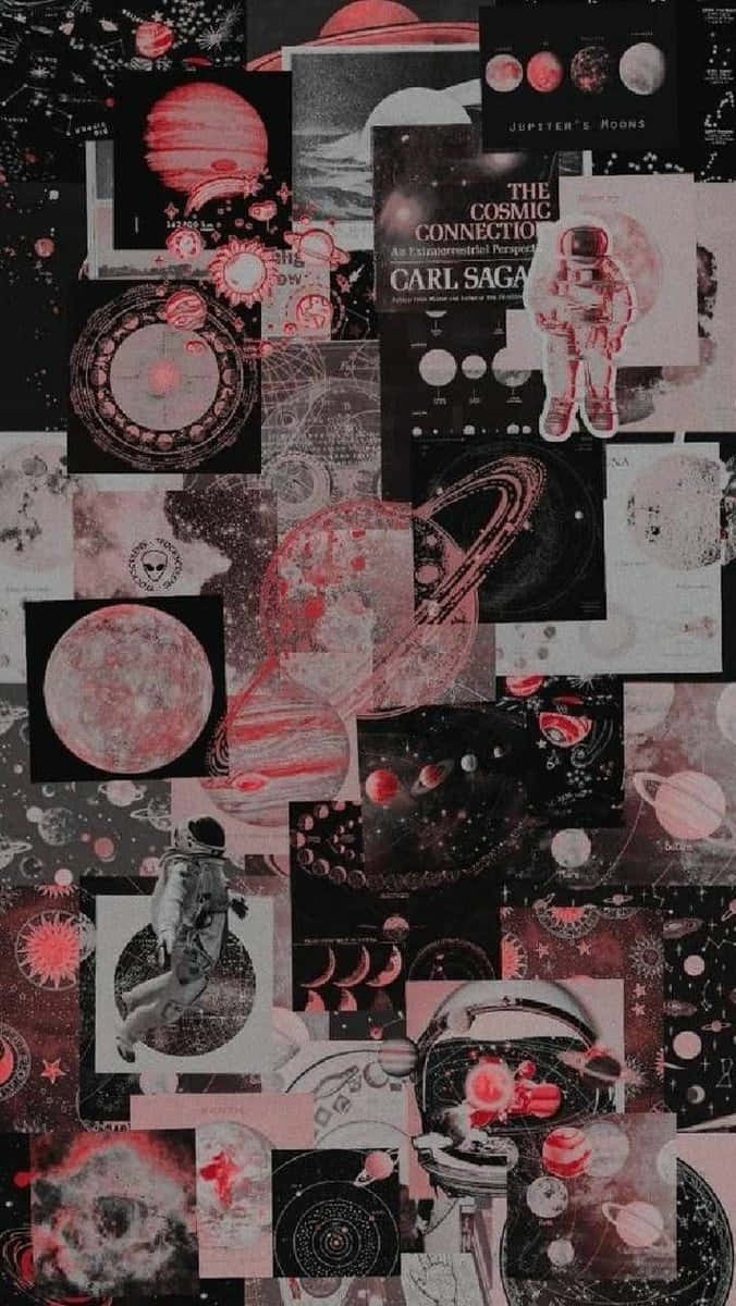 紅色和黑色的太空圖像拼貼畫，包括行星、太空人及卡爾·薩根的書本封面。
