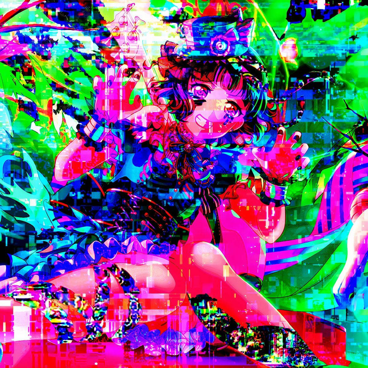 帶有螢光色彩和賽博龐克風格的故障藝術中的動漫女孩。