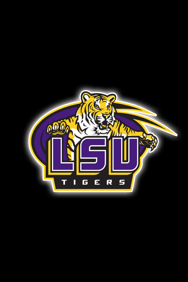 LSU Tigers運動標誌，帶有咆哮的老虎吉祥物，背景為黑色。