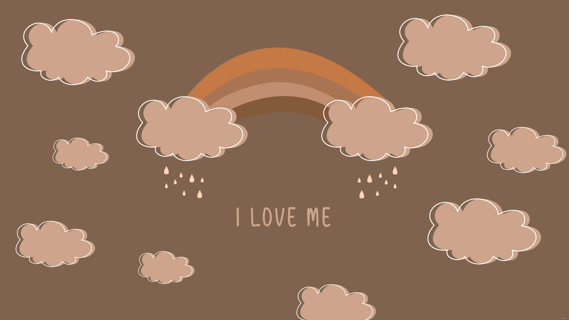帶有雨和雲的卡通彩虹，訊息為「I LOVE ME」。