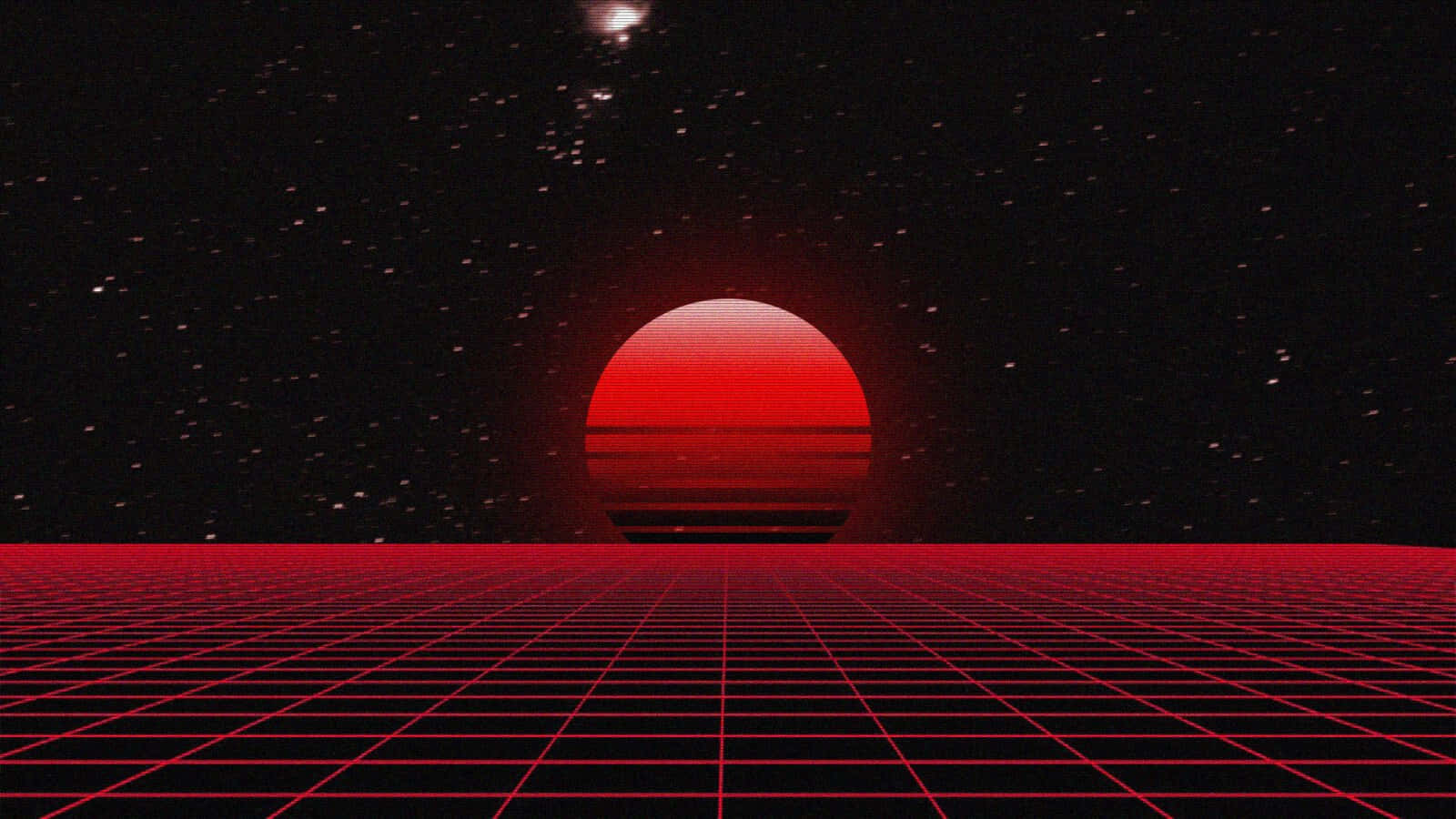 紅色網格地板延伸至星空夜空中落下的紅色太陽。