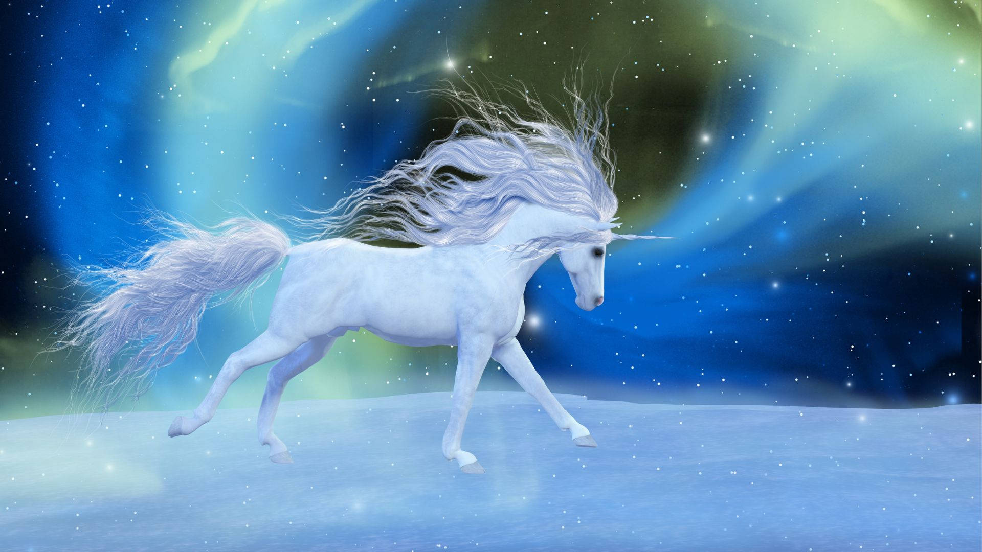 一匹白色獨角獸在佈滿極光的星空中奔跑。