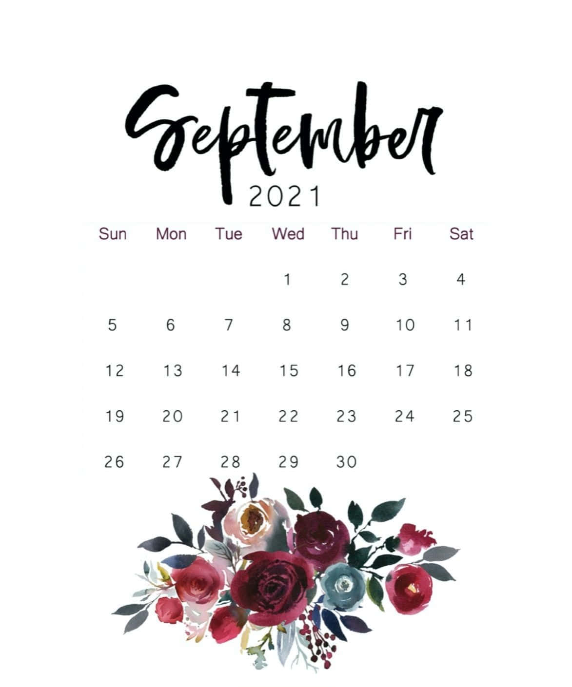 2021年9月日曆，底部有水彩花卉