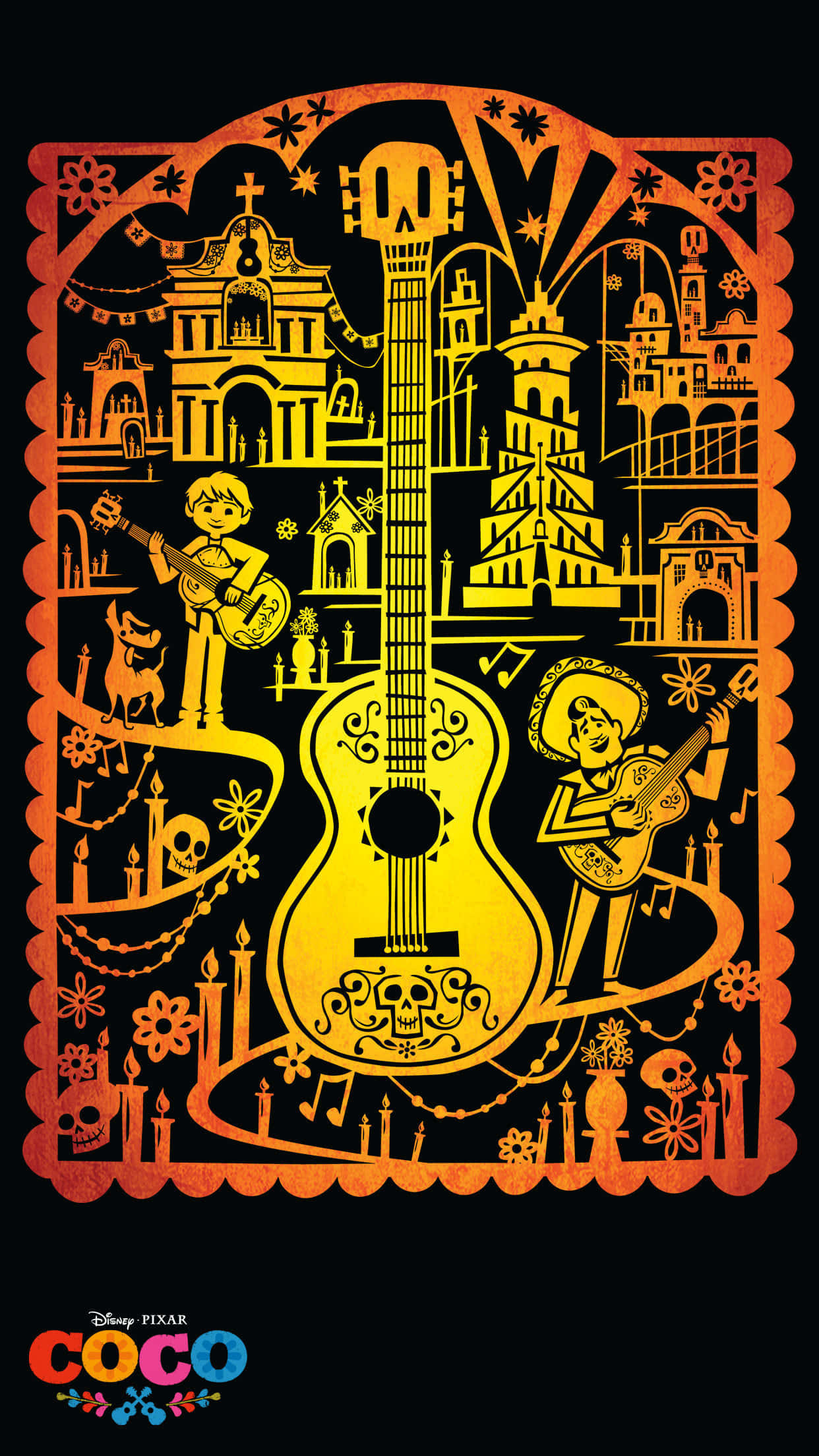 擁抱亡靈世界，讓記憶永存 壁紙 — 充滿活力的橙色和黃色 papel picado 藝術品，描繪兩位音樂家在墨西哥亡靈節主題和建築中彈奏結他。
