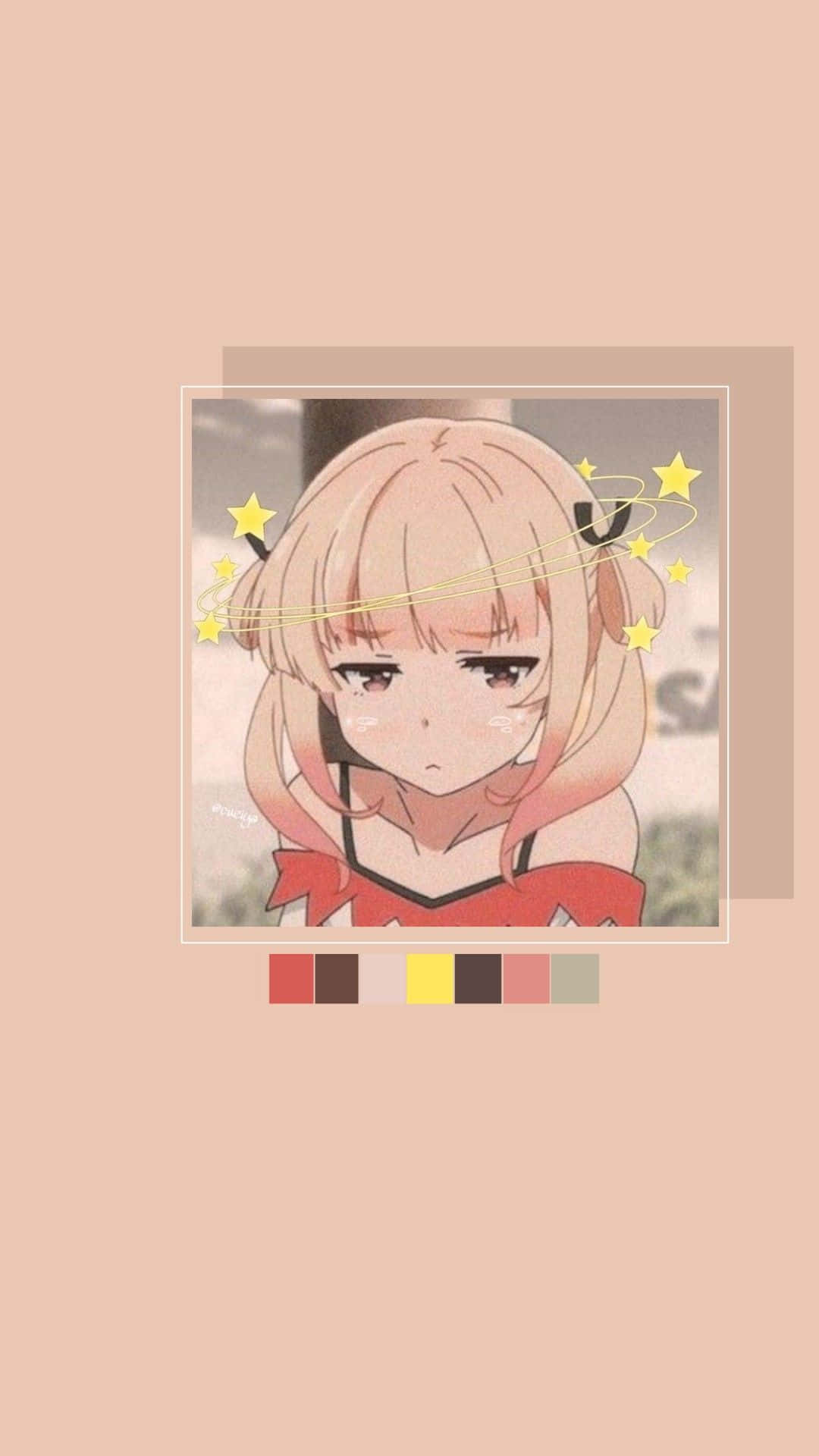 動漫女孩，桃色頭髮，紅色蝴蝶結，被發光的星星包圍。