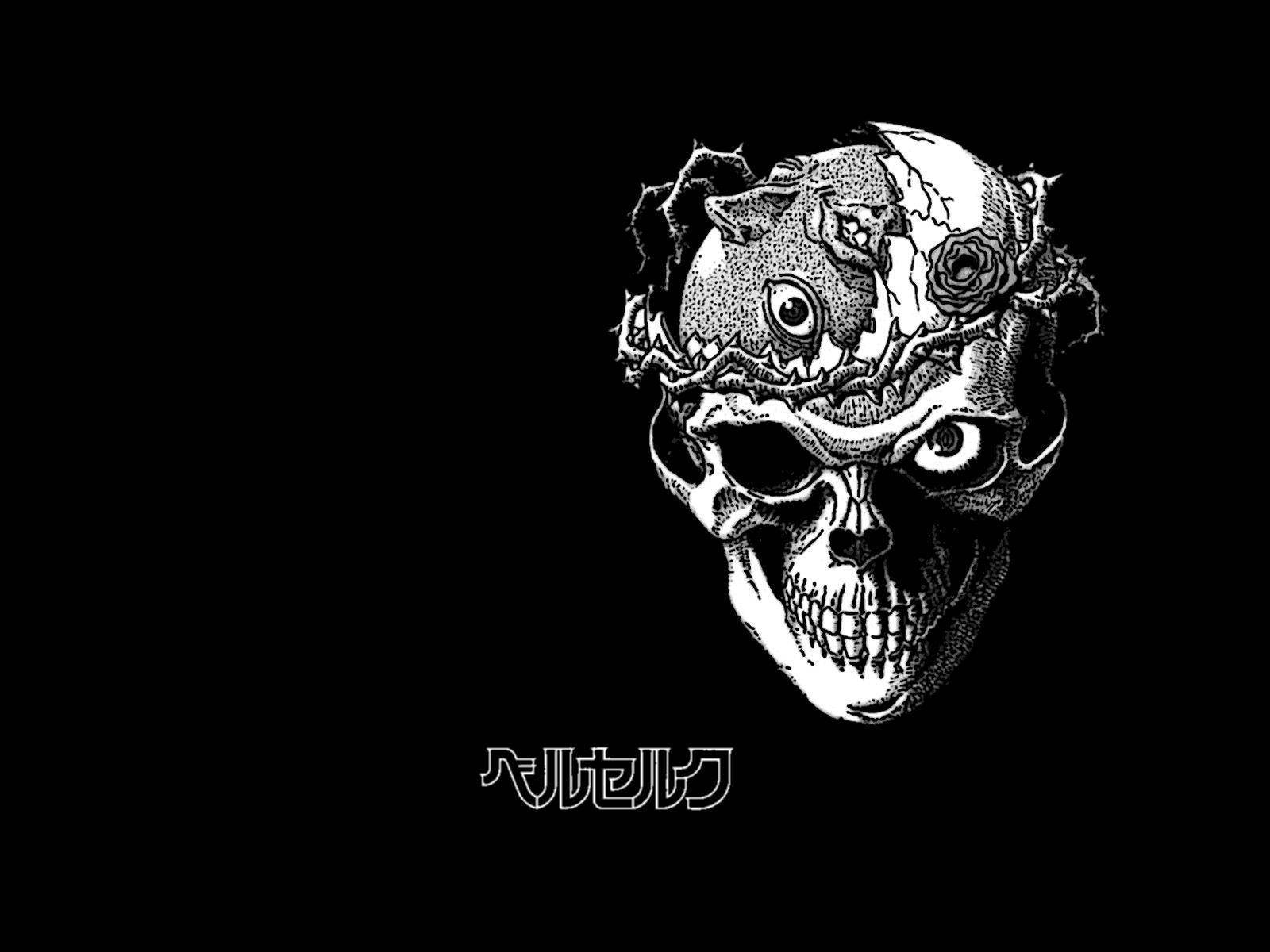 一個風格化的頭骨，頂部被玫瑰和惡魔之眼穿透。