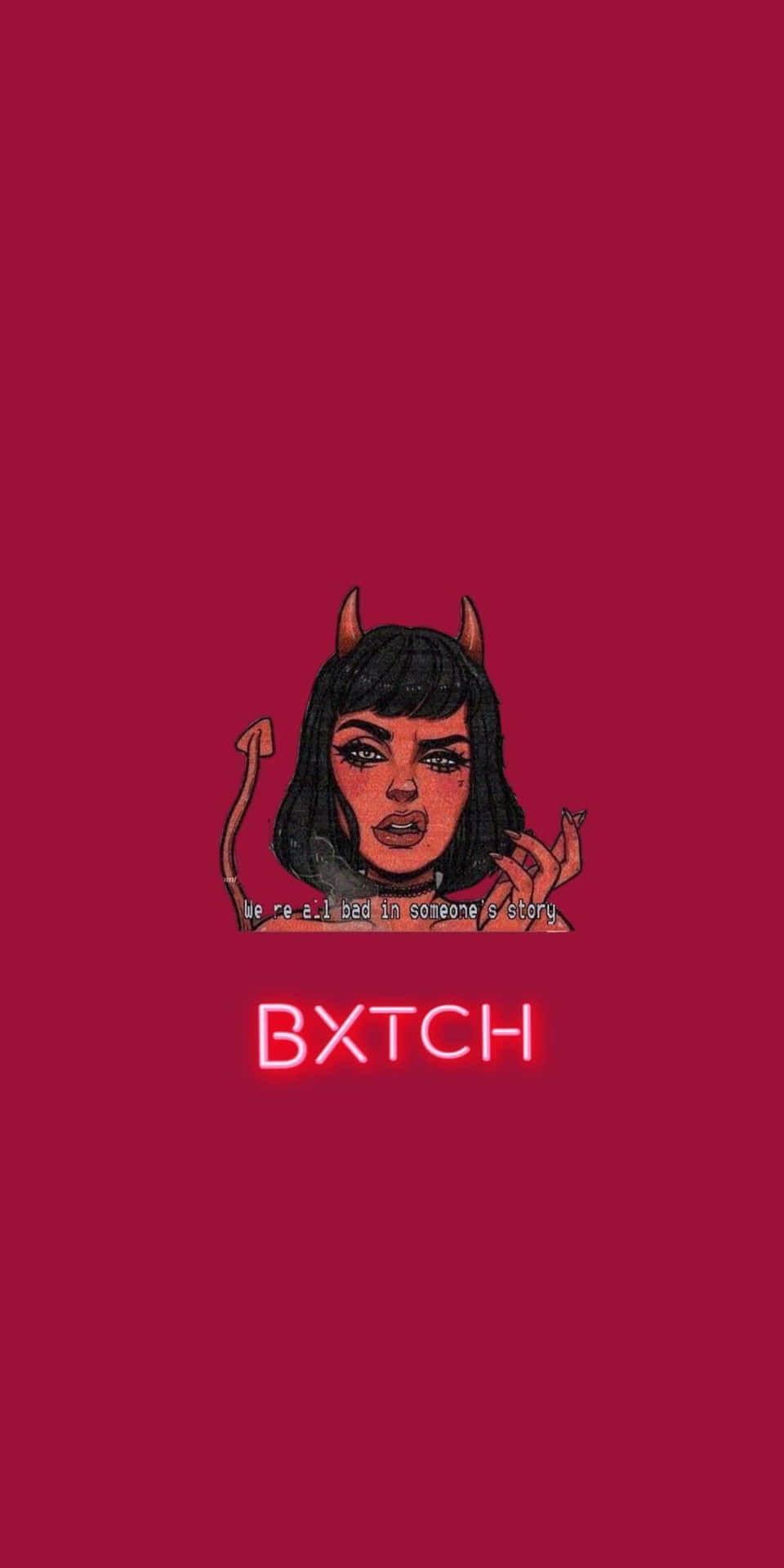 一個卡通惡魔女孩，有角和尾巴，帶著發光霓虹文字凝視著。