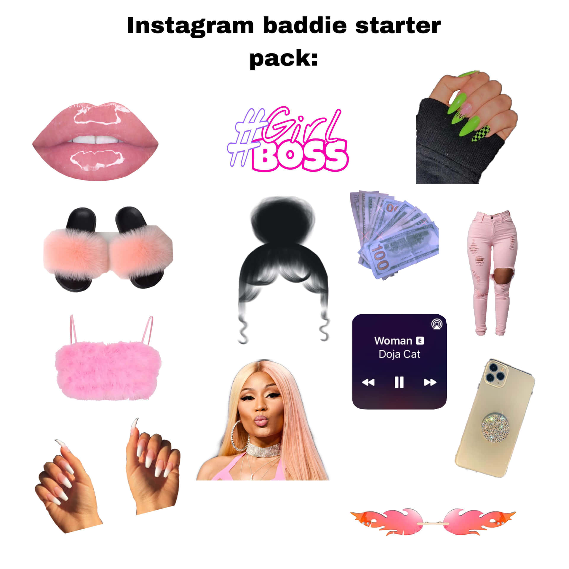 Instagram baddie入門包拼貼，包含粉紅嘴唇、毛絨拖鞋、金錢、Doja Cat和配件。