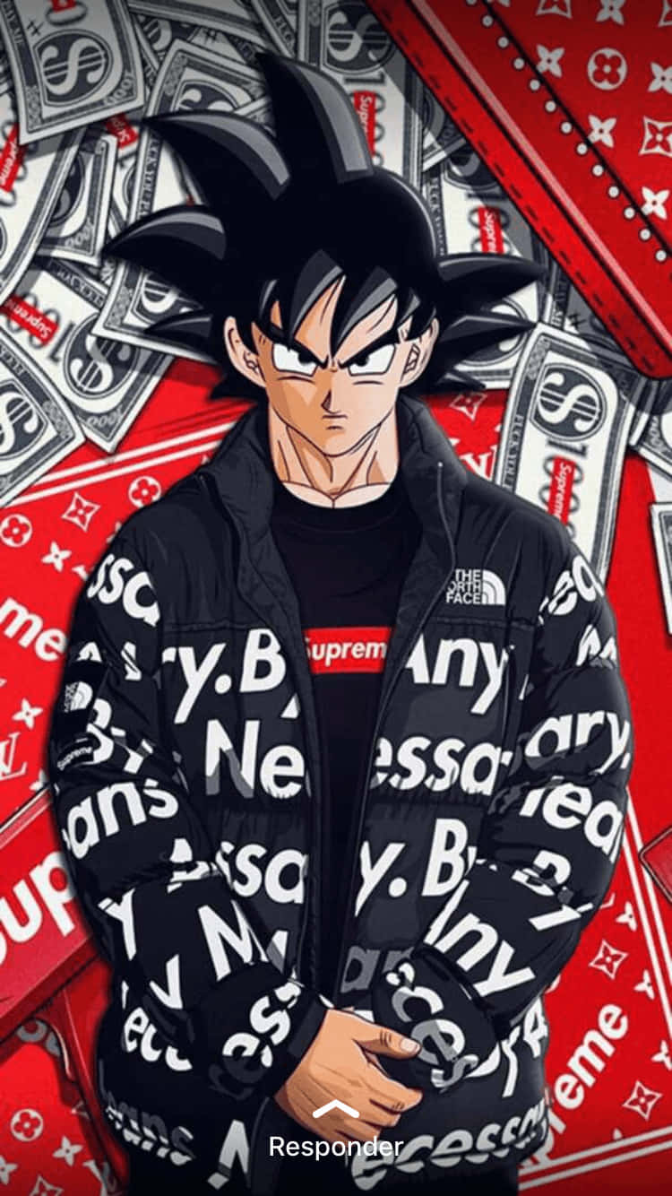悟空穿著 Supreme 外套，被美元鈔票和 Louis Vuitton 圖案包圍。