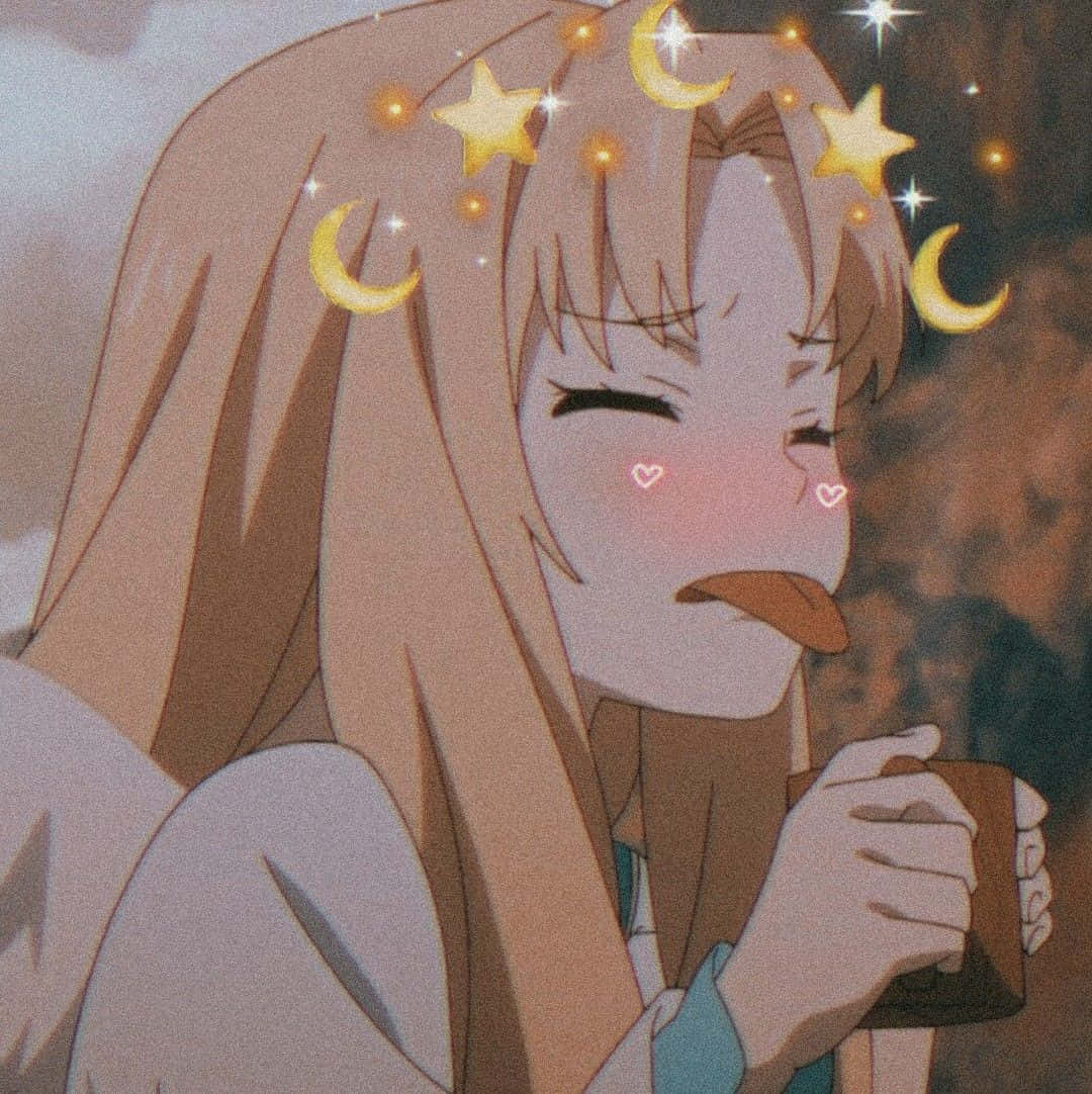 擁抱你的可愛風格 壁紙 — 動漫長髮棕眼女孩啜飲著杯子，發光的星星和月亮漂浮在她頭頂。