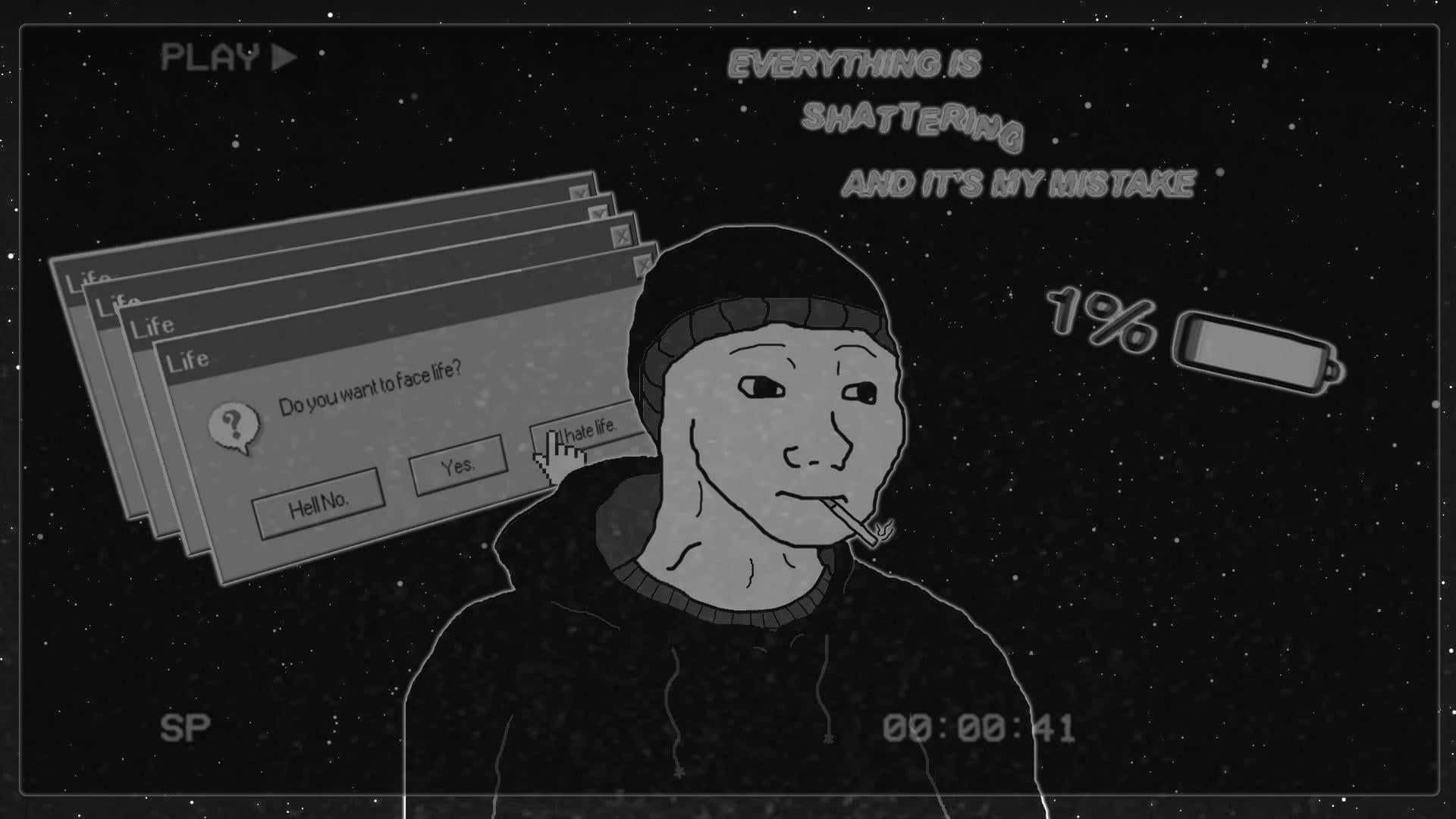 一個人在星空背景下吸煙，遊戲UI要求以1%電量「Abate life」。