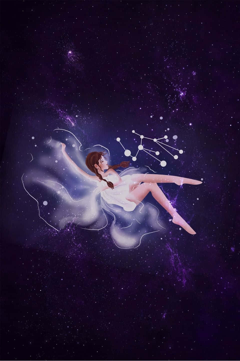 女性漂浮在星空紫色空間中，帶有發光星座