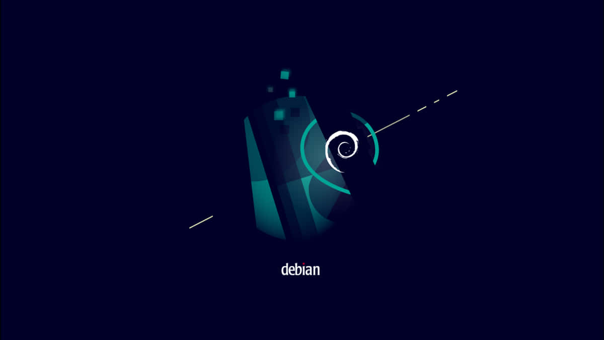 擁抱你的極簡科技宅風格 壁紙 — 一個時尚的青色 Debian 標誌在深藍色背景上發光，背景帶有抽象數位線條和粒子。