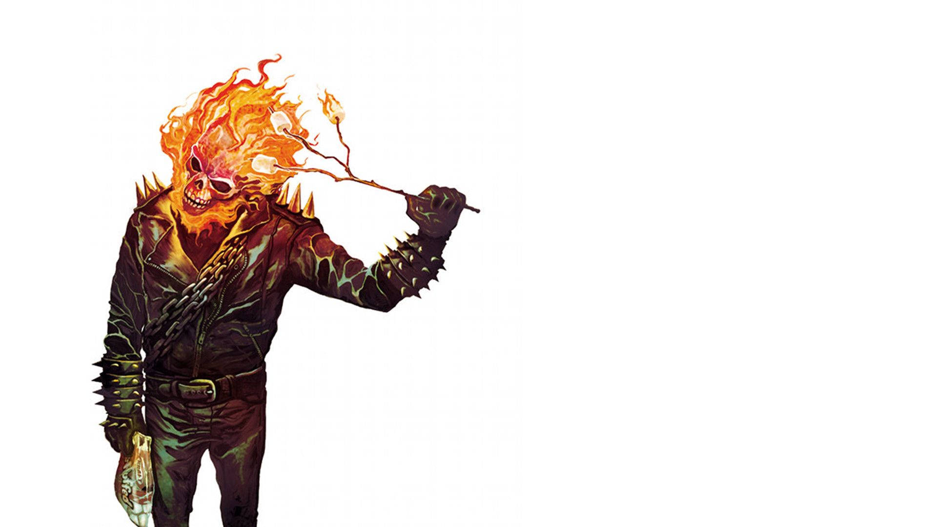 Ghost Rider 頭部燃燒，身穿釘皮外套，手持火焰鏈條。