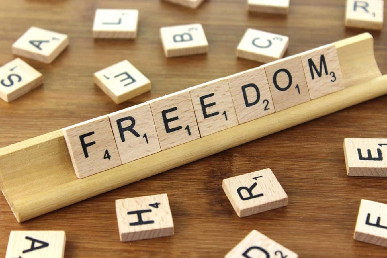 木架上拼出 freedom 的 Scrabble 字母磚，周圍散落著字母磚。