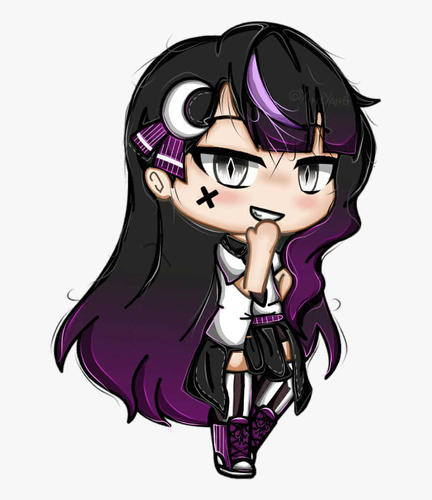 Chibi動漫女孩，紫色頭髮和新月眼罩，手指放在嘴唇上。