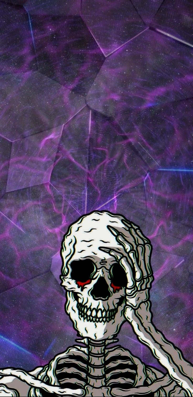 一個帶有發光紅色眼睛的骷髏，背景是紫色宇宙。
