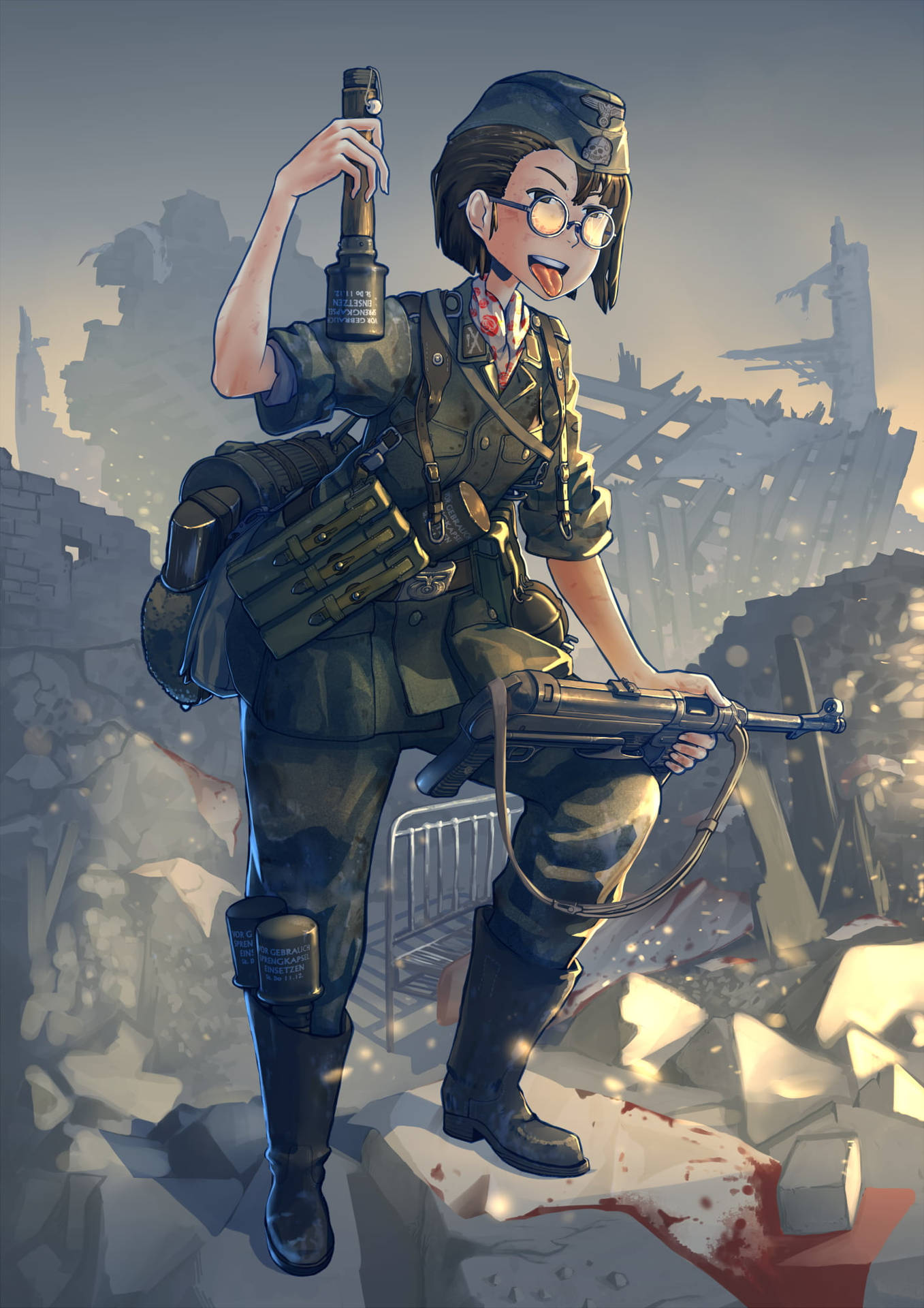 戴眼鏡的動畫女兵在廢墟城市中手持衝鋒槍。