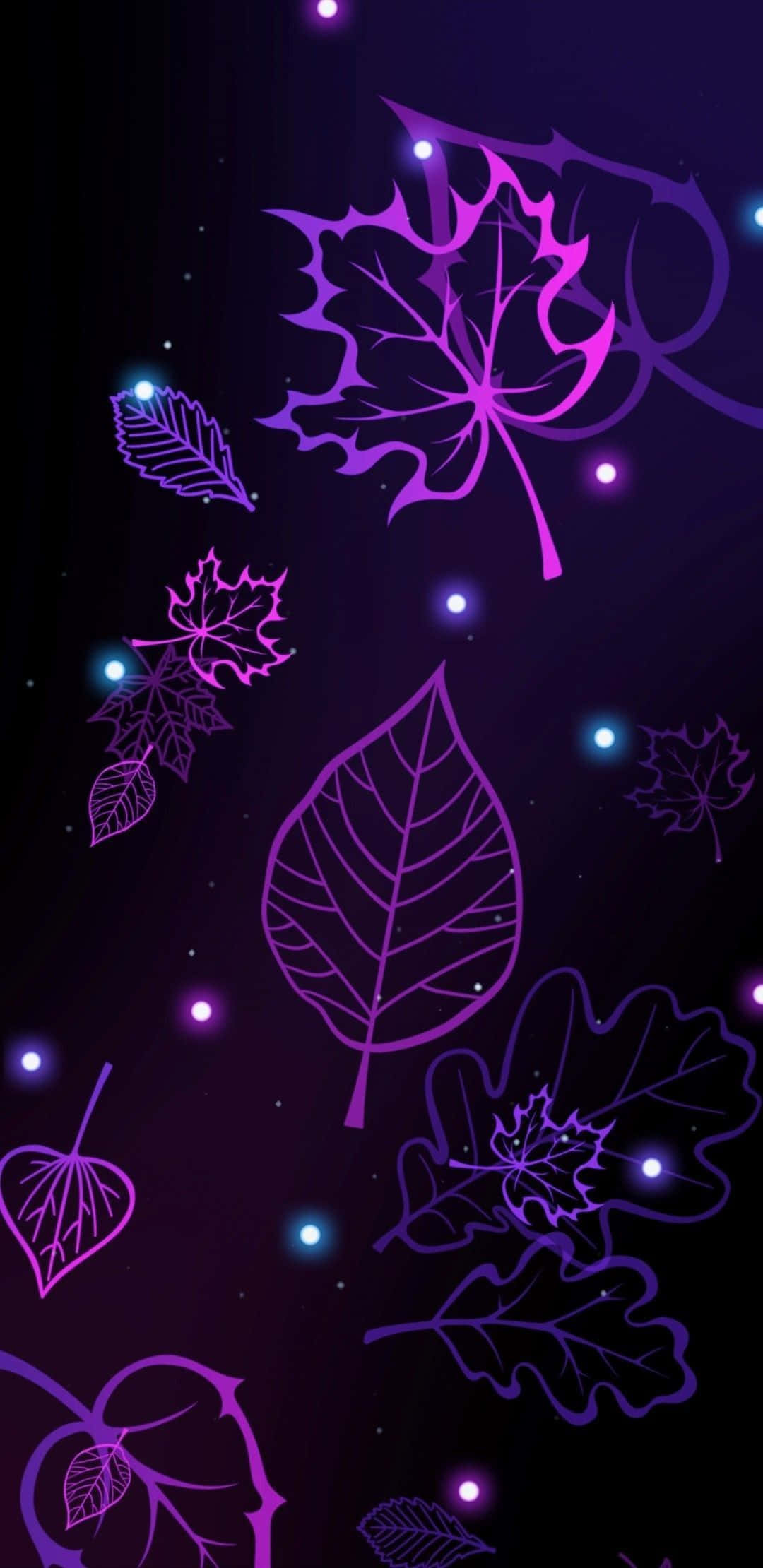 擁抱光暈 壁紙 — 發光的紫色葉子在黑暗的宇宙背景下漂浮，點綴著閃爍的燈光。
