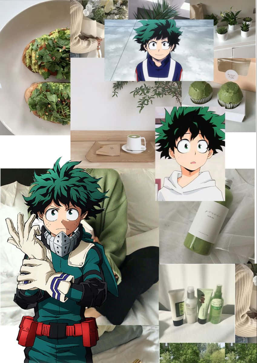 動漫角色綠谷出久 cosplay 裝扮，在舒適的房間裡享用牛油果多士和綠色紙杯蛋糕。