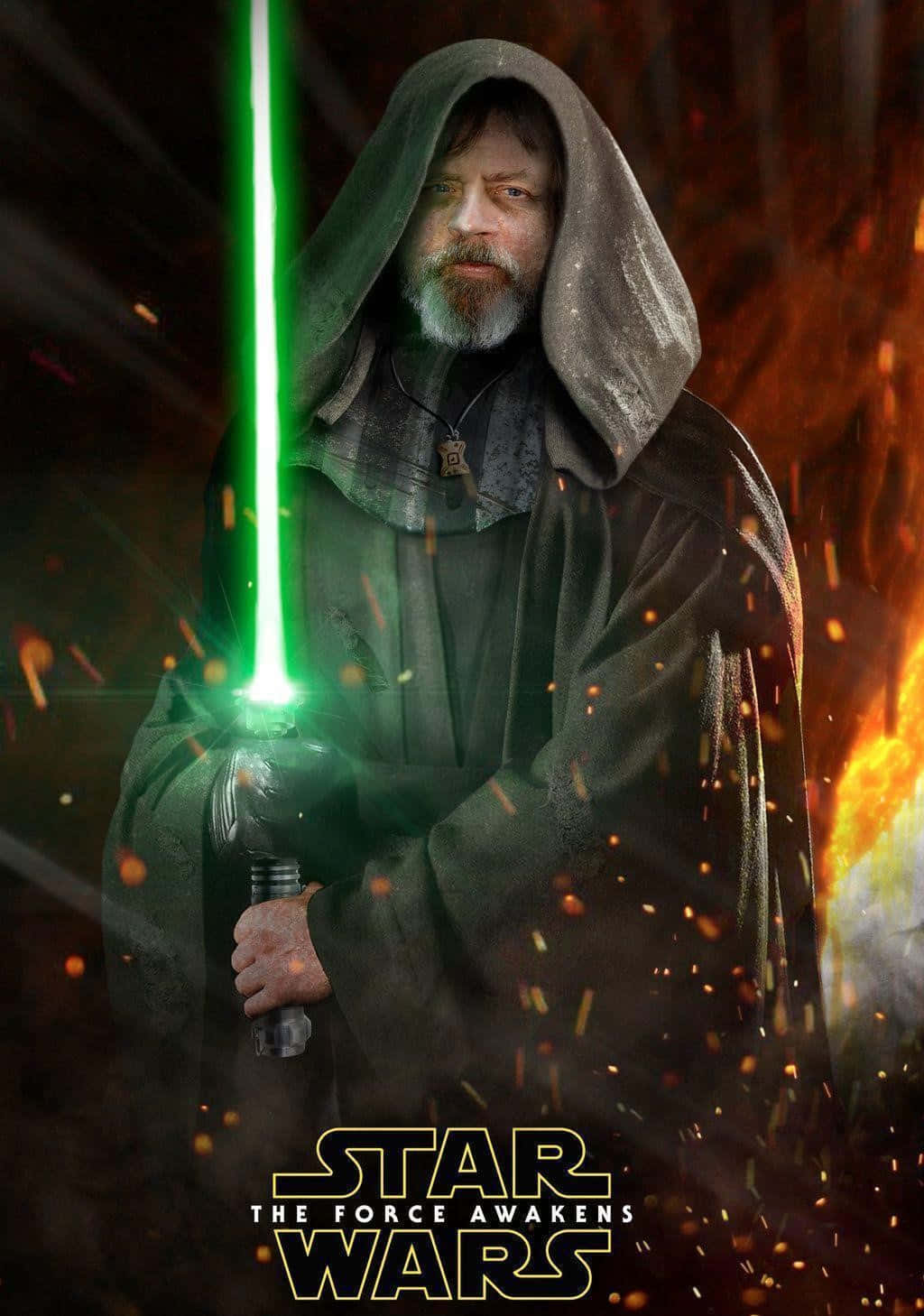 Luke Skywalker在熾熱的戰鬥場景中揮舞綠色光劍。
