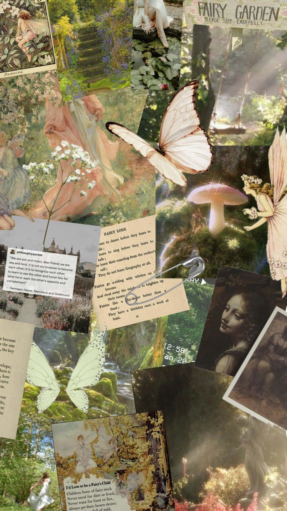 奇幻仙子花園拼貼畫，包含蝴蝶、蘑菇和復古書頁。