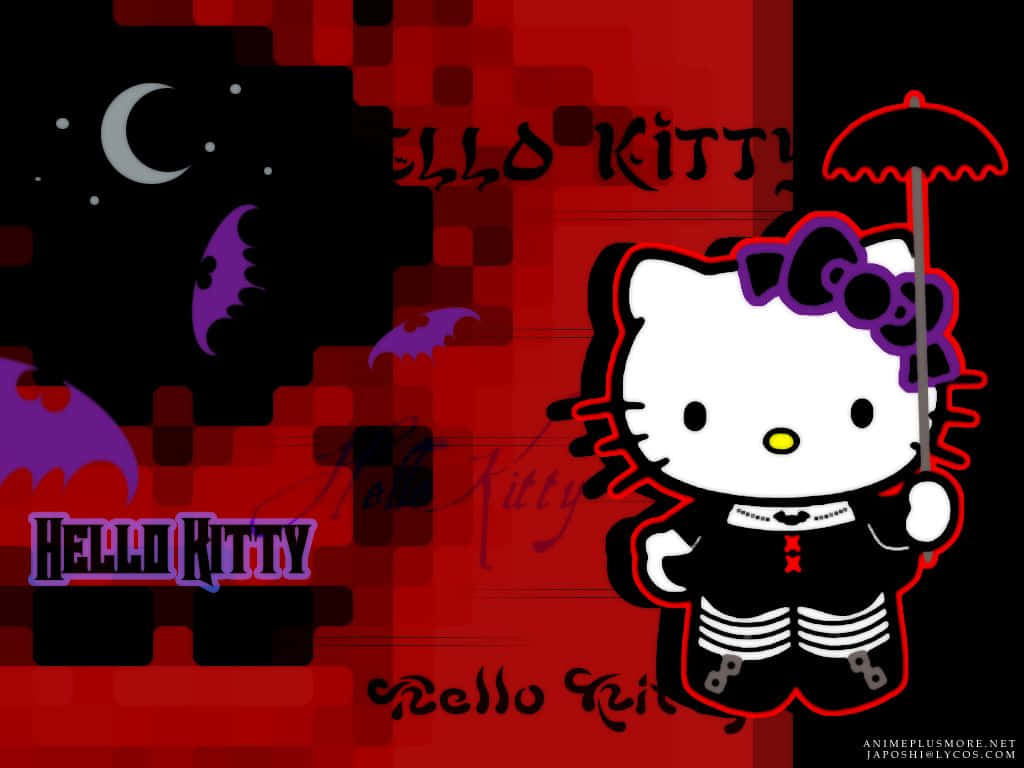 Hello Kitty 裝扮成吸血鬼，在詭異的像素藝術場景中撐著傘。