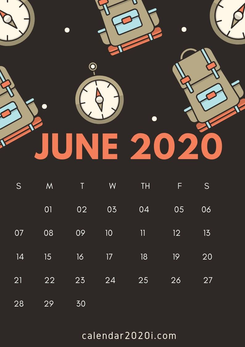 2020年6月日曆，深色背景上漂浮的背包和指南針。