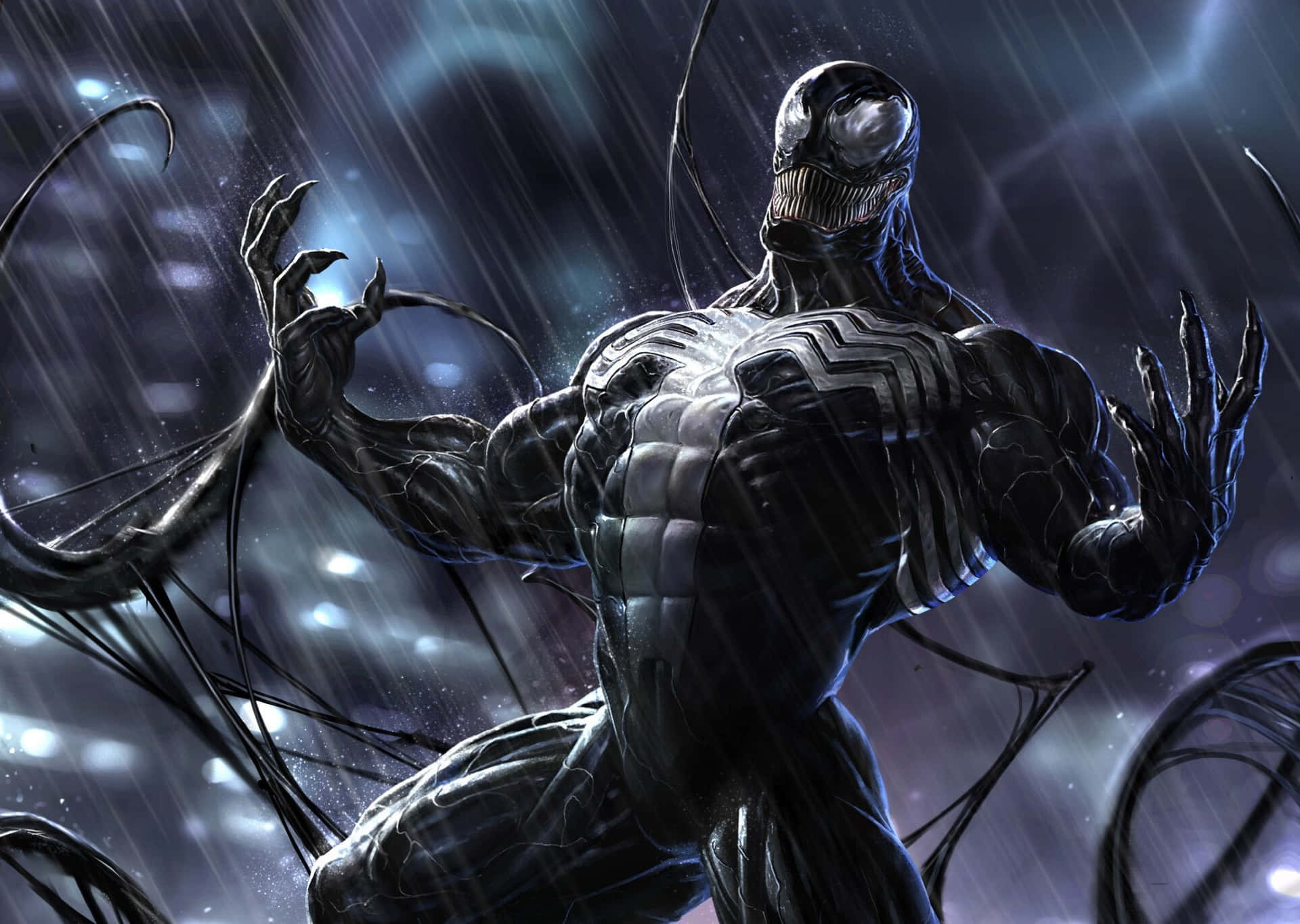 Venom 在暴雨中，背後有發光的城市燈光