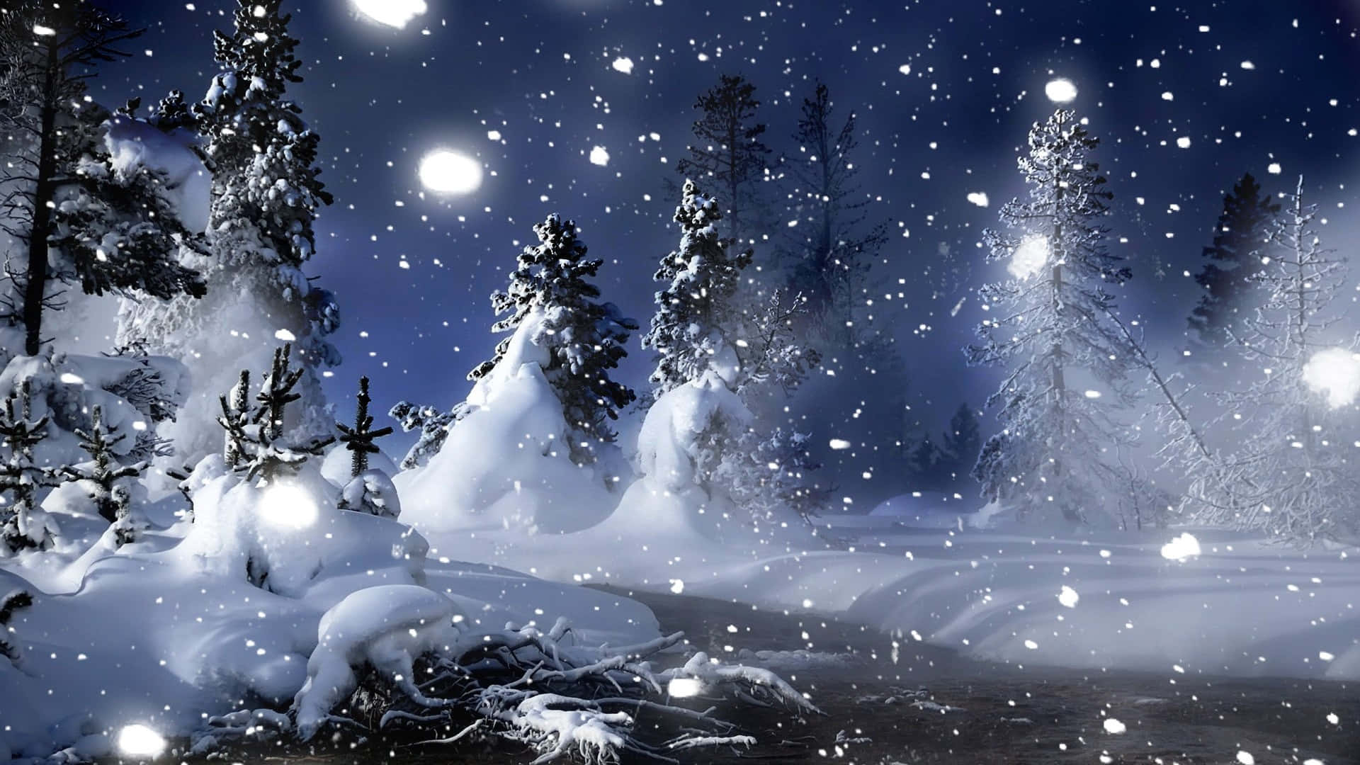 擁抱冬季大自然的奇蹟 壁紙 — 白雪覆蓋松樹，在星空下，發光球體飄過飄落的雪花。