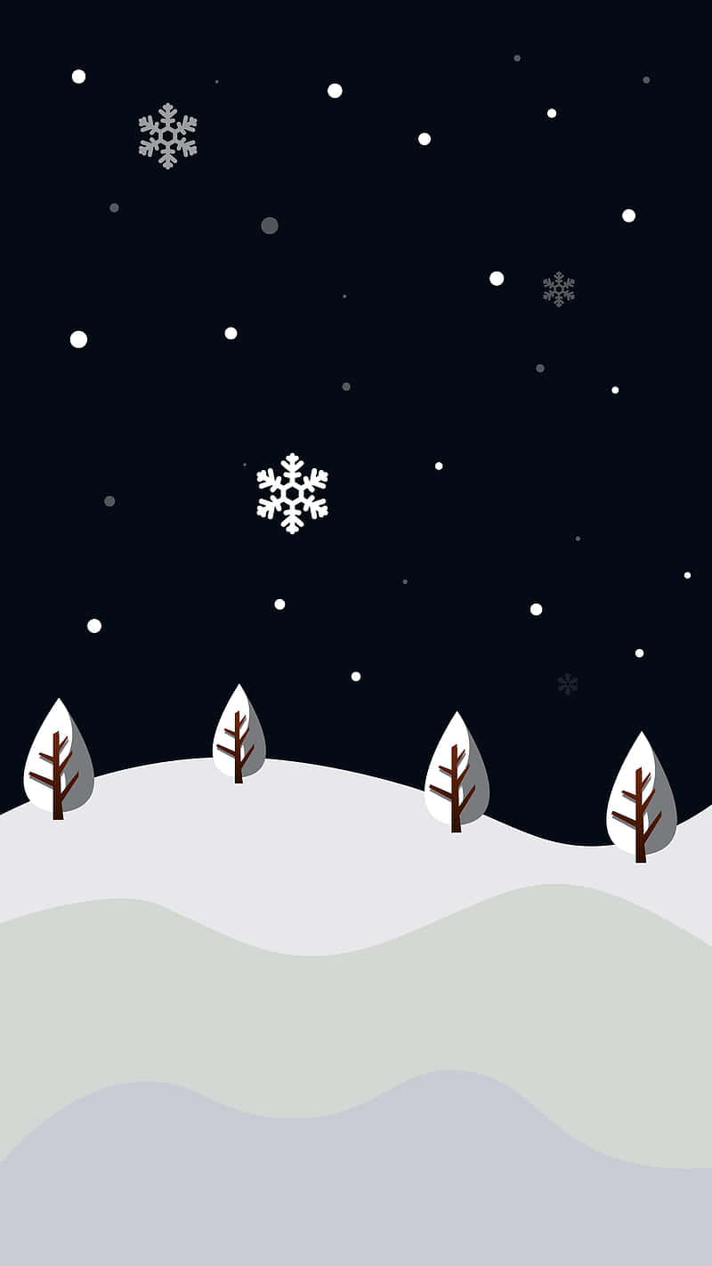 冬夜，雪花飄落在白雪覆蓋的樹木上，星空璀璨。